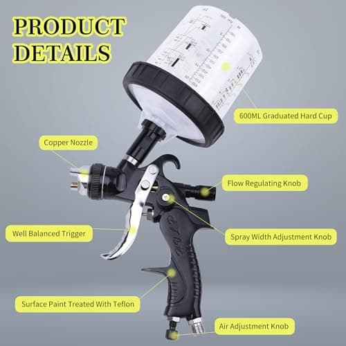 Automotive Gravity Feed Paint Spray Gun Kit with Air Compressor Regulator (Black)