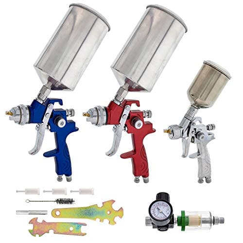 TCP Global HVLP Spray Gun Set - 3 Paint Guns, Cups, Air Regulator & Maintenance Kit