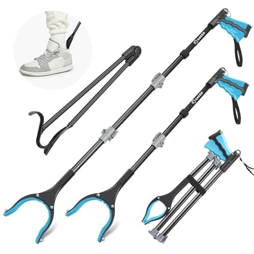 Saker 3Pack 44" Grabber Reacher & 32" Dressing Stick for Seniors(Blue)