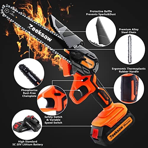 Cordless 6 Inch Mini Chainsaw, 2x Battery Power - Garden & Yard Tool