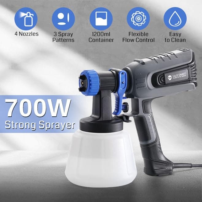 700W HVLP Electric Paint Sprayer Gun, Large Container, Multiple Nozzles & Patterns