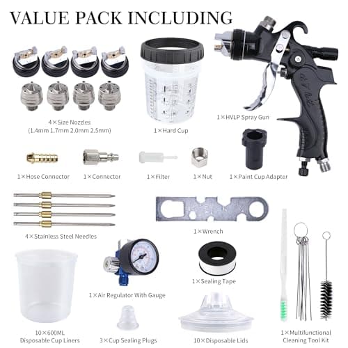 Automotive Gravity Feed Paint Spray Gun Kit with Air Compressor Regulator (Black)