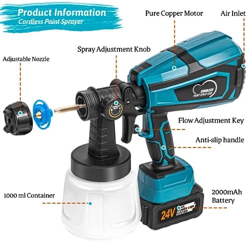 Cordless HVLP Paint Sprayer, 2000mAh Batteries, 6 Nozzles, Easy Clean, for Furniture & More (2 Battery)