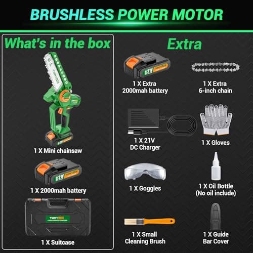 Mini Chainsaw for Family Use: 6 Inch Brushless Battery Chainsaw w/Auto-Oiler & Tool-Free Tensioner - Easy Operation for Women - Best Backyard Tool