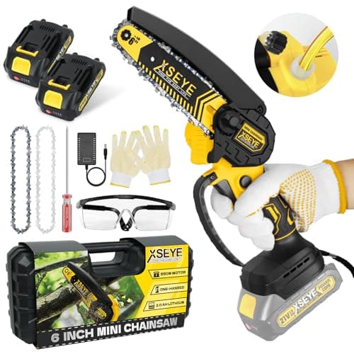 XSEYE Mini 6 Inch Cordless Chainsaw, 21V Battery & Charger, Wood Cutting Gardening Tool