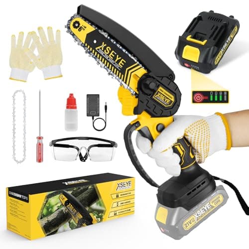 XSEYE Mini 6 Inch Cordless Chainsaw, 21V Battery & Charger, Wood Cutting Gardening Tool