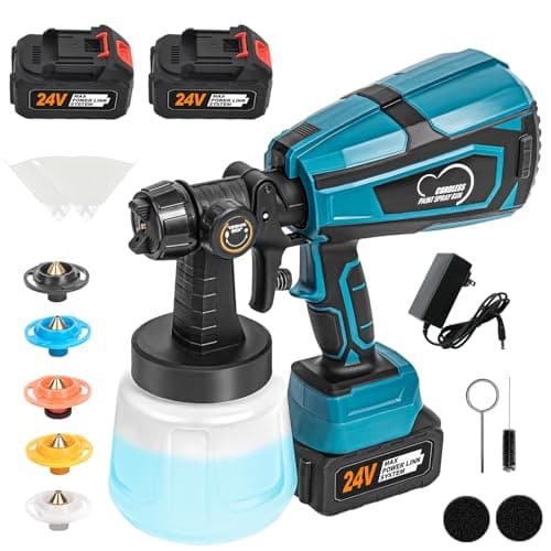Cordless HVLP Paint Sprayer, 2000mAh Batteries, 6 Nozzles, Easy Clean, for Furniture & More (2 Battery)