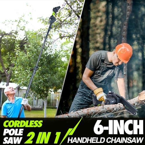 2-in-1 Cordless Pole Saw, 6.5lb Auto-Oiling Chainsaw, 15 FT Extension Pole, 2×21V Batteries
