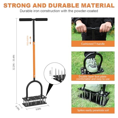 Black + Orange Manual Lawn Aerator with 15 Spikes & Adjustable Handle