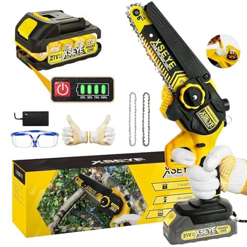 XSEYE Mini 6 Inch Cordless Chainsaw, 21V Battery & Charger, Wood Cutting Gardening Tool