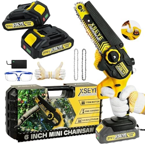 XSEYE Mini 6 Inch Cordless Chainsaw, 21V Battery & Charger, Wood Cutting Gardening Tool