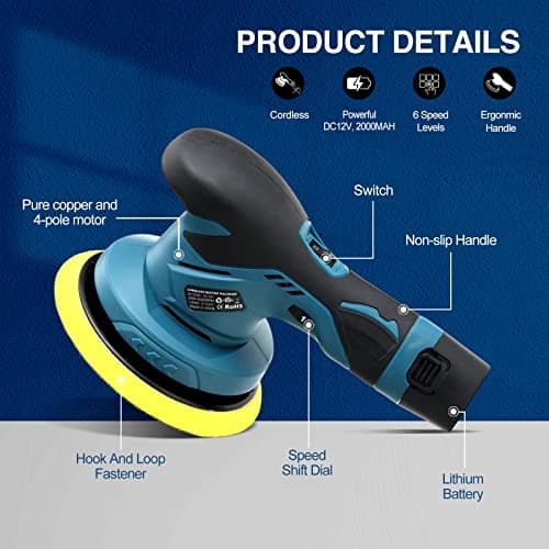 Saker 6" Cordless Car Buffer Polisher Kit, 2x2000mAh Batteries, 6 Speed Settings, 16 Attachments
