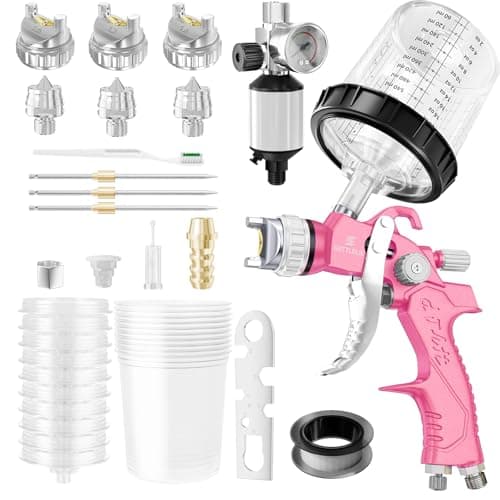 Purple HVLP Air Spray Gun with Nozzles and Air Compressor Regulator, Mixing Cup & Lids, Ideal for Cars, Houses, Furnitur