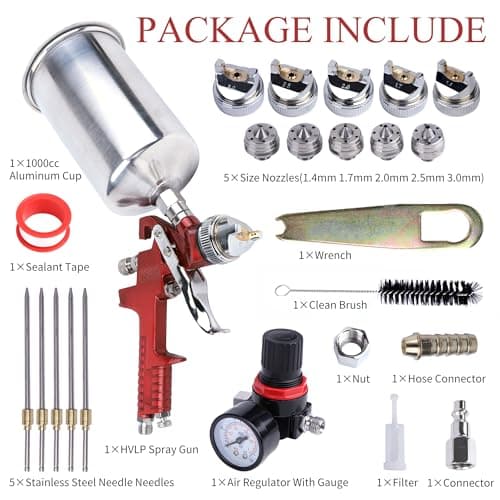 Automotive Gravity Feed Paint Gun Kit, 5 Nozzles 1.4mm-3.0mm, 1000cc Aluminum Cup