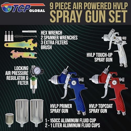 TCP Global HVLP Spray Gun Set - 3 Paint Guns, Cups, Air Regulator & Maintenance Kit