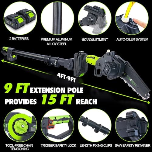 2-in-1 Cordless Pole Saw, 6.5lb Auto-Oiling Chainsaw, 15 FT Extension Pole, 2×21V Batteries