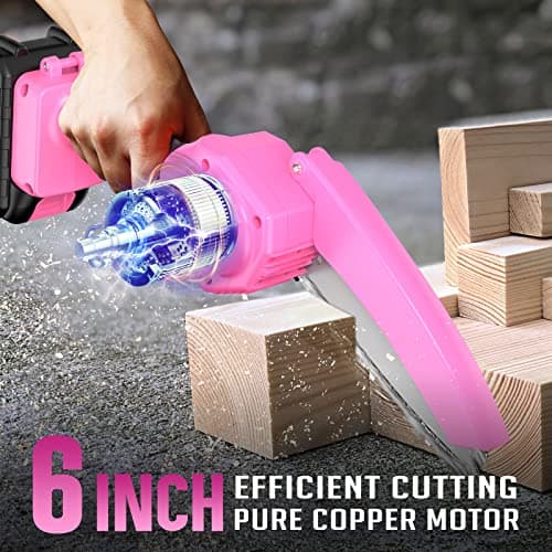 6-Inch Pink Cordless Mini Chainsaw - 21V Battery Operated for Tree Trimming