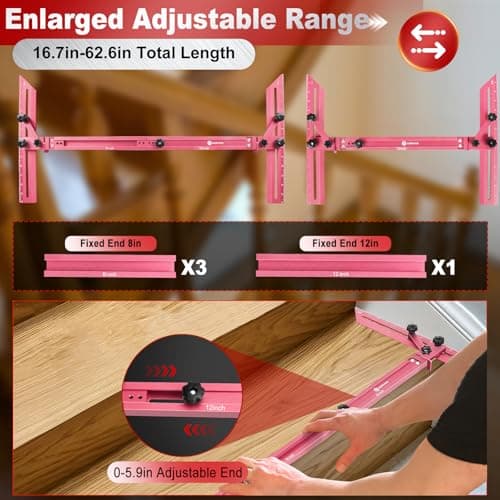 Stair Tread Template Tool with Angled Brace & Flip-Stop, 16.7" to 62.6" Adjustable Length