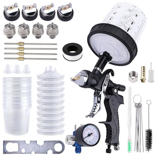 Automotive Gravity Feed Paint Spray Gun Kit with Air Compressor Regulator (Black)