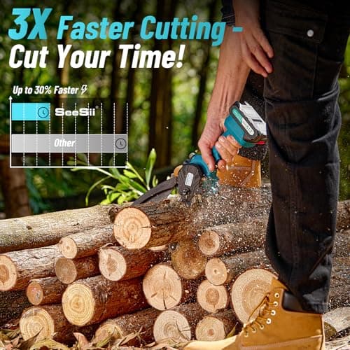 Seesii CH600+ 6" Cordless Chainsaw, 2x2000mAh Batteries & Oiler System