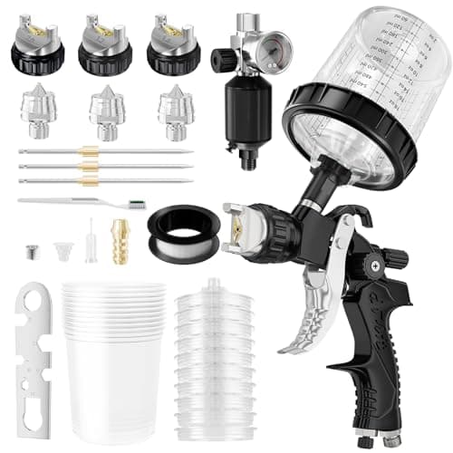 Purple HVLP Air Spray Gun with Nozzles and Air Compressor Regulator, Mixing Cup & Lids, Ideal for Cars, Houses, Furnitur