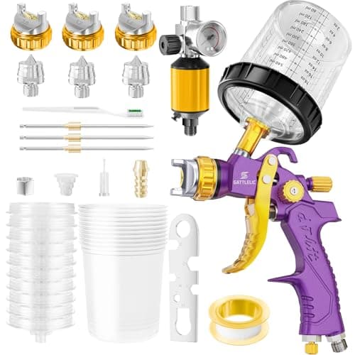 Purple HVLP Air Spray Gun with Nozzles and Air Compressor Regulator, Mixing Cup & Lids, Ideal for Cars, Houses, Furnitur