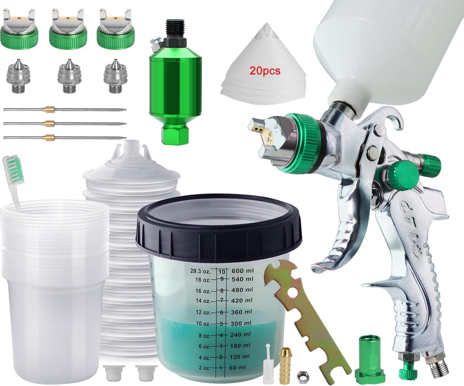 Green HVLP Paint Sprayer with Nozzles & Mixing Cups for Automotive and House Painting