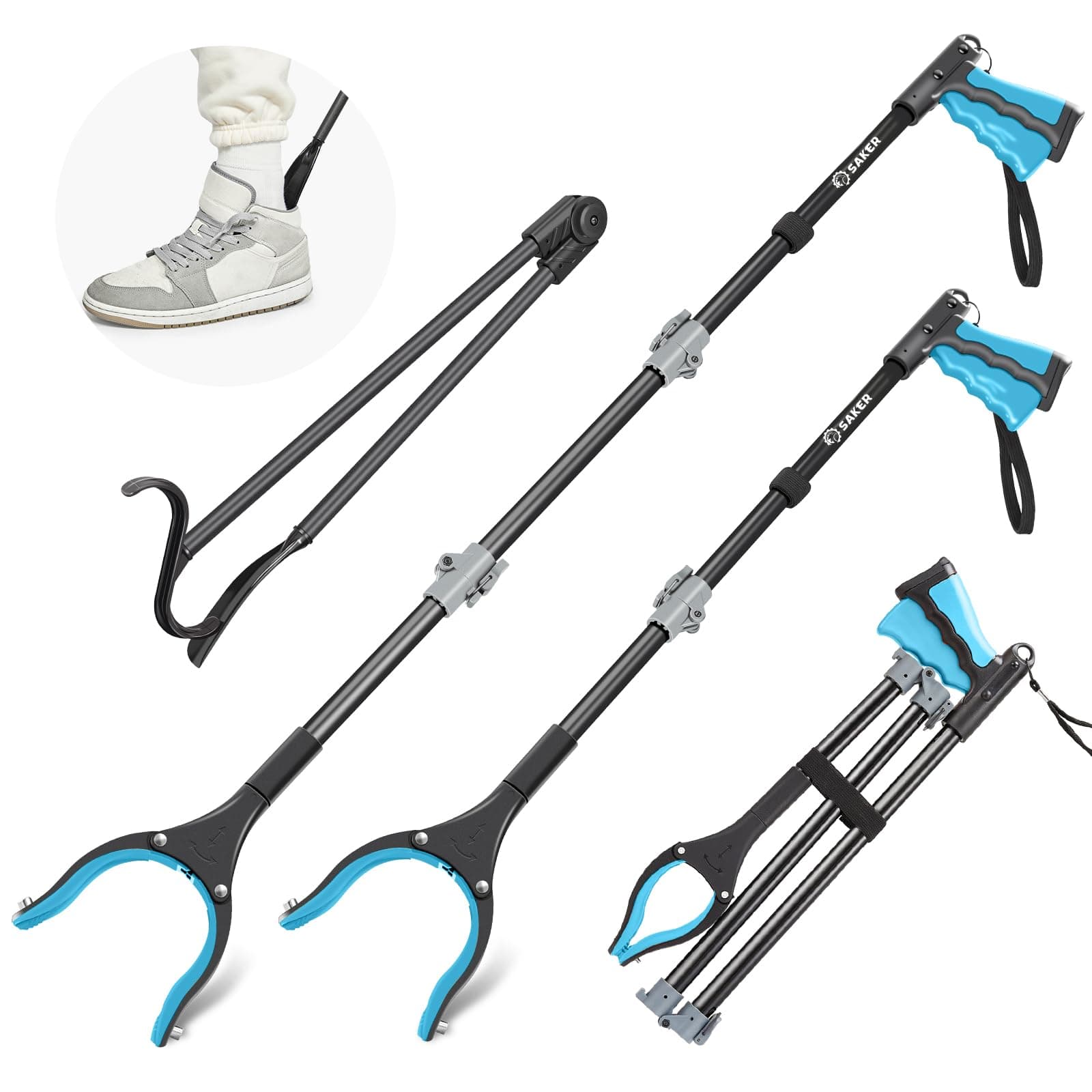 Saker 3Pack 44" Grabber Reacher & 32" Dressing Stick for Seniors(Blue)