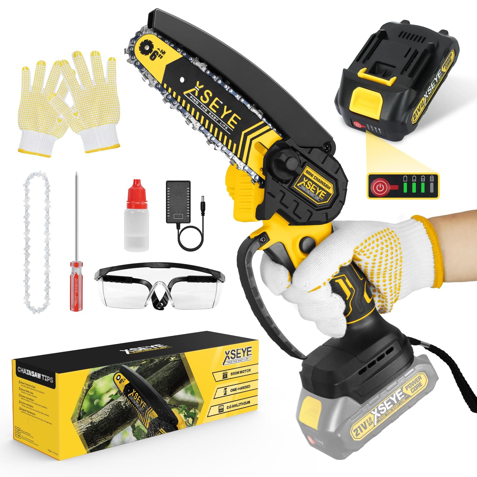 XSEYE Mini 6 Inch Cordless Chainsaw, 21V Battery & Charger, Wood Cutting Gardening Tool