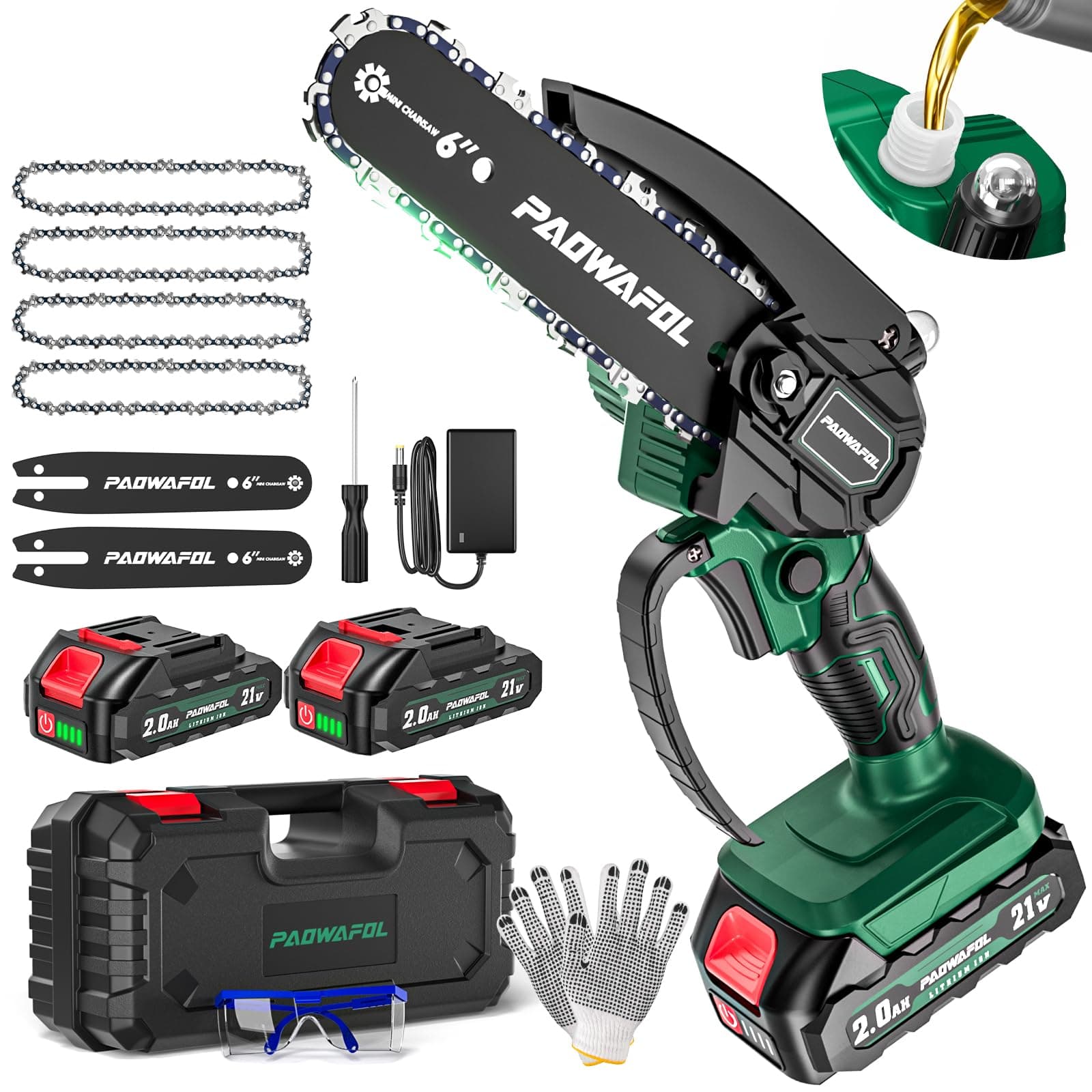 Cordless 6 Inch Mini Chainsaw with Automatic Oiler & 2PCS 21V Battery