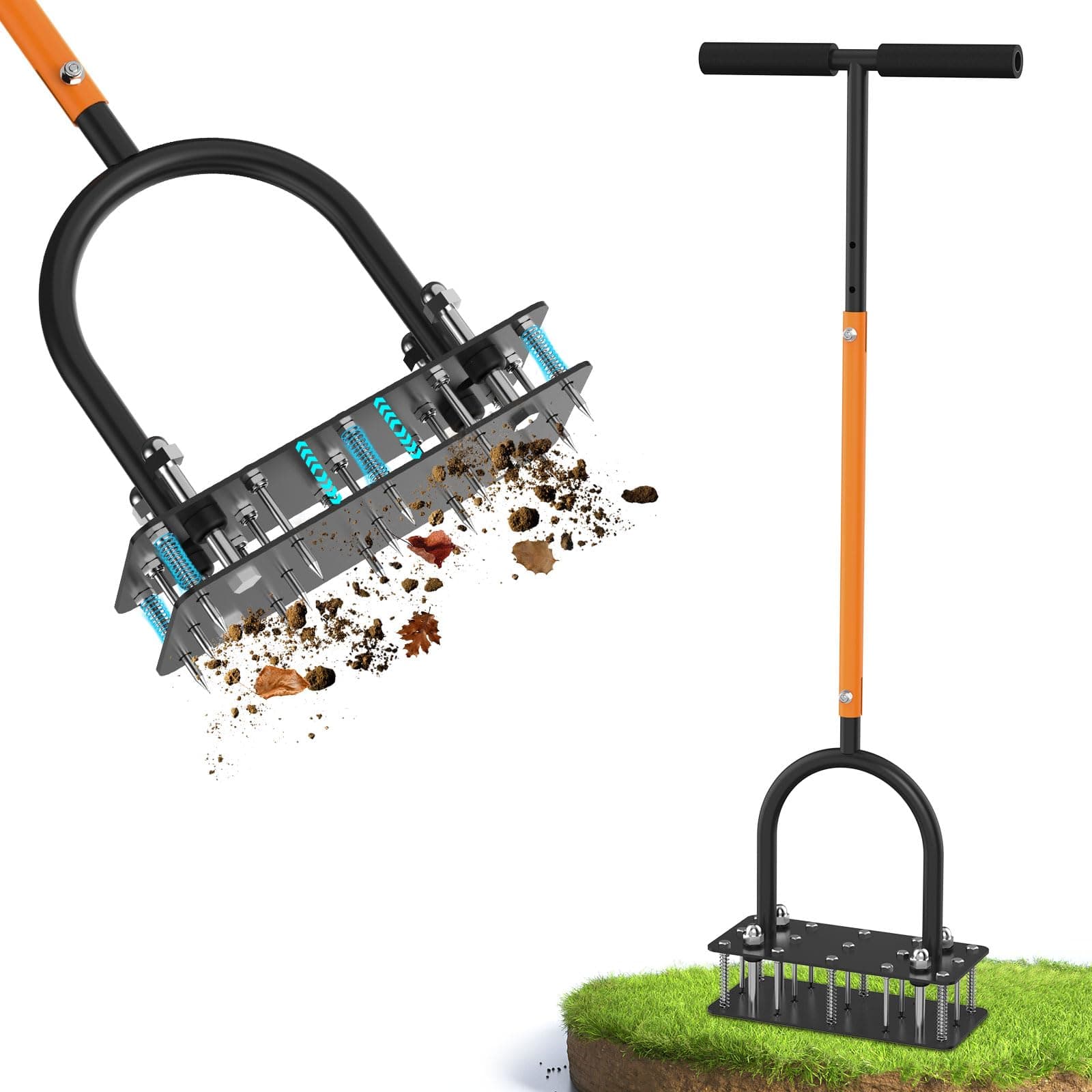 Black + Orange Manual Lawn Aerator with 15 Spikes & Adjustable Handle