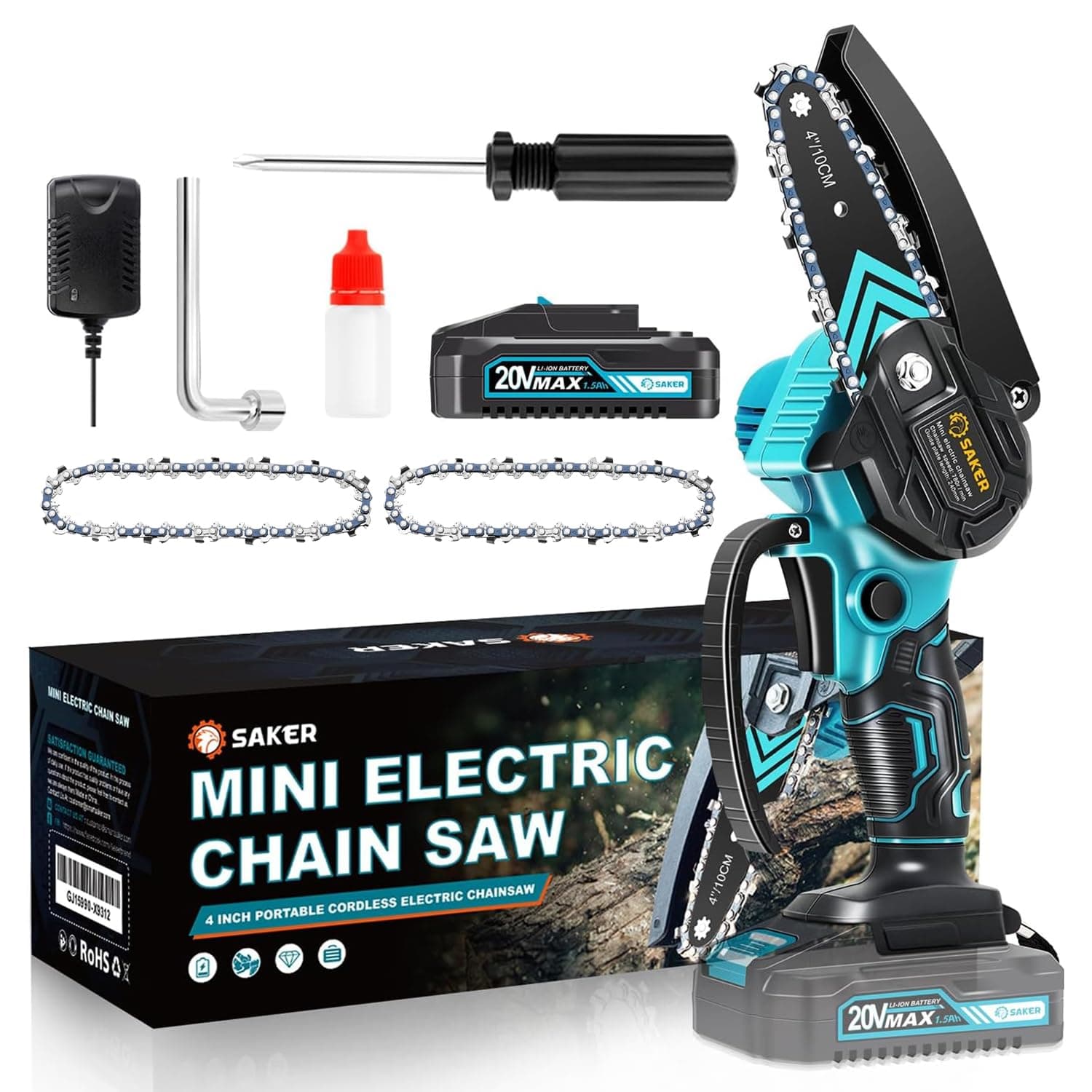 Saker Mini Cordless Electric Chainsaw, 2 Chains Included