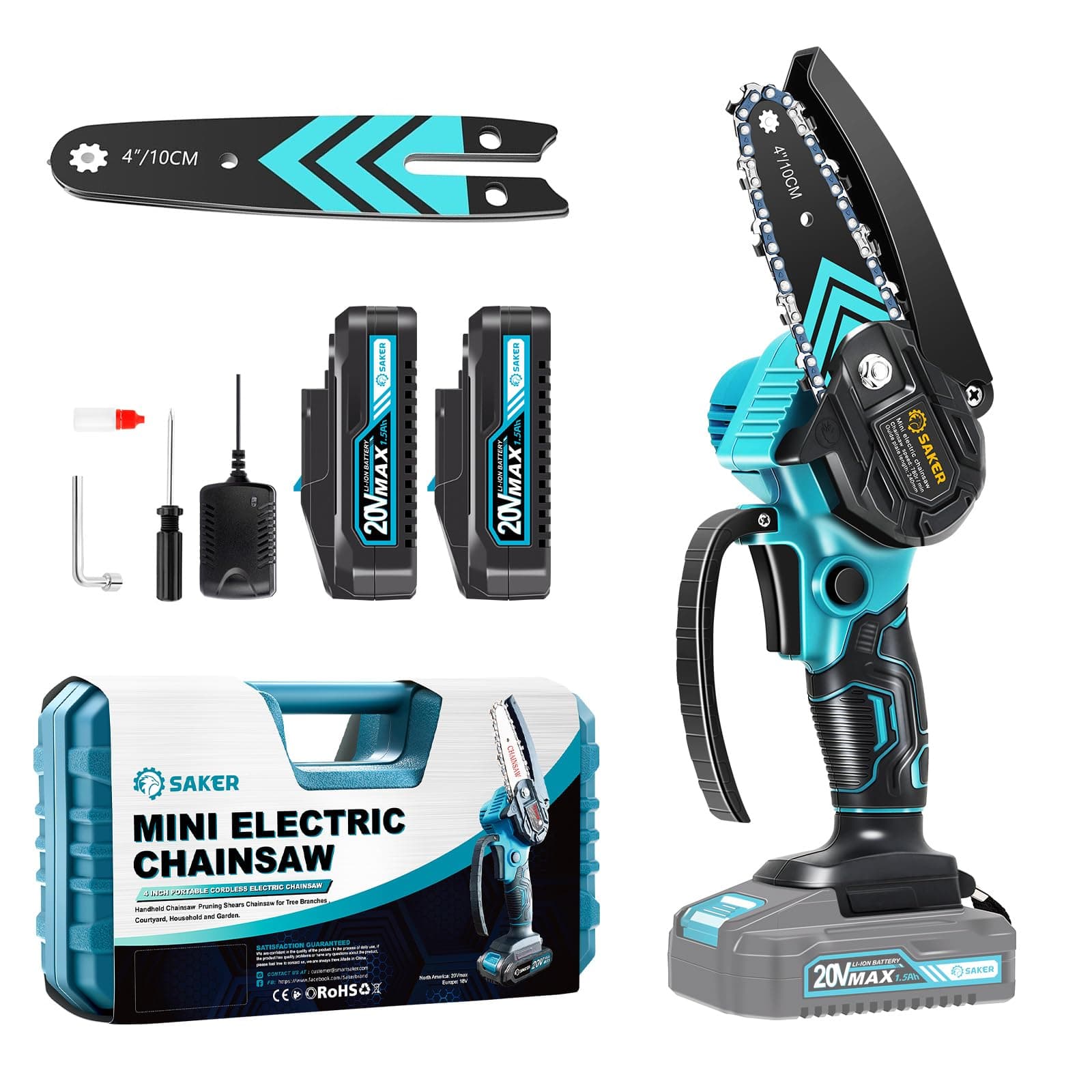 Saker Mini Cordless Electric Chainsaw, 4 Inch Portable Bar