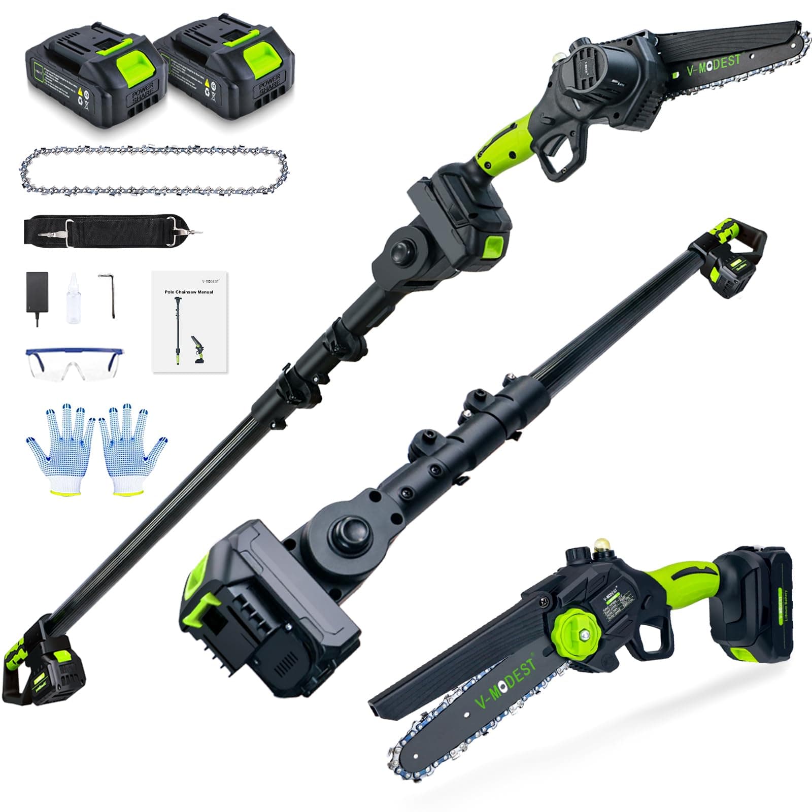 2-in-1 Cordless Pole Saw, 6.5lb Auto-Oiling Chainsaw, 15 FT Extension Pole, 2×21V Batteries