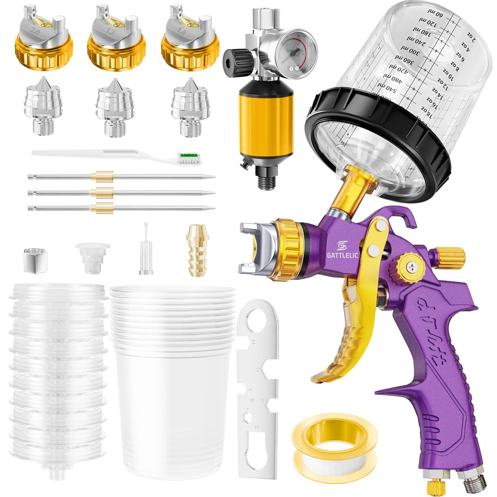 Purple HVLP Air Spray Gun with Nozzles and Air Compressor Regulator, Mixing Cup & Lids, Ideal for Cars, Houses, Furnitur