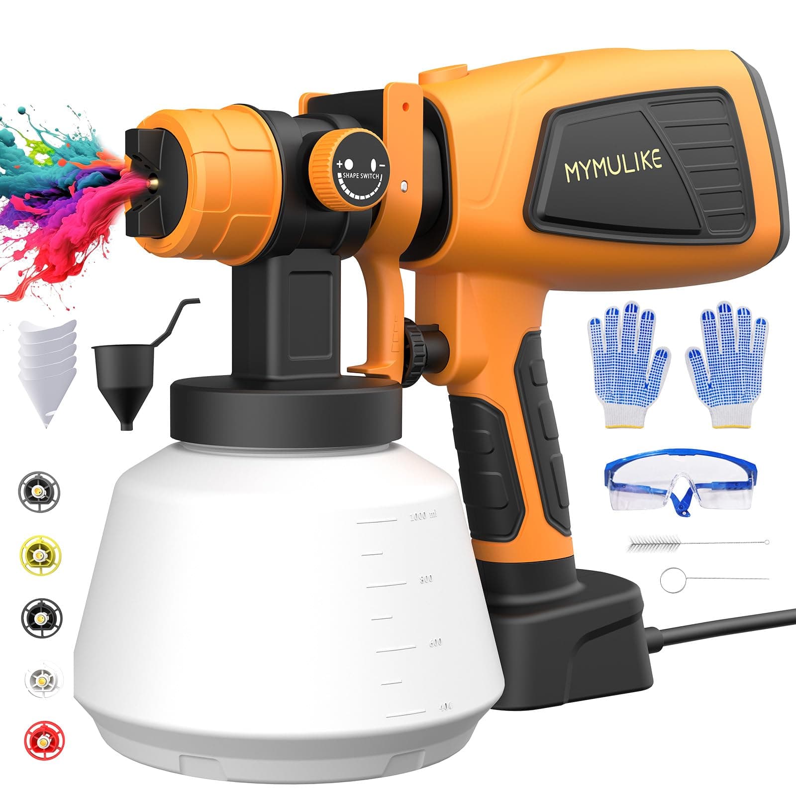 700W Power Electric Paint Sprayer, 1000ml Capacity, 5 Nozzles, 3 Patterns, Yellow