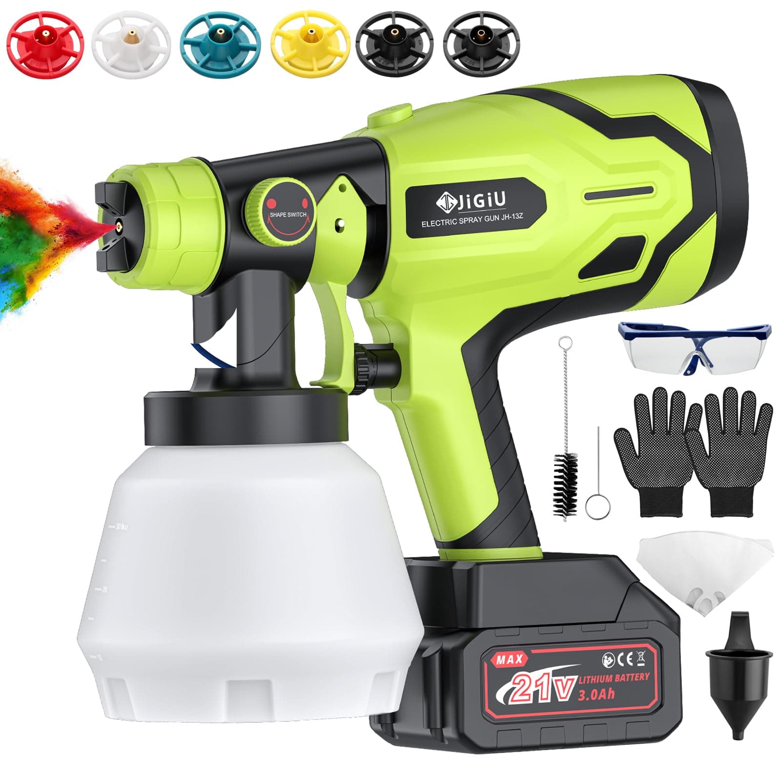 JiGiU 21V Cordless HVLP Paint Sprayer 300W 1000ml 6-Nozzle Cabinet Wall Ceiling Sprayer