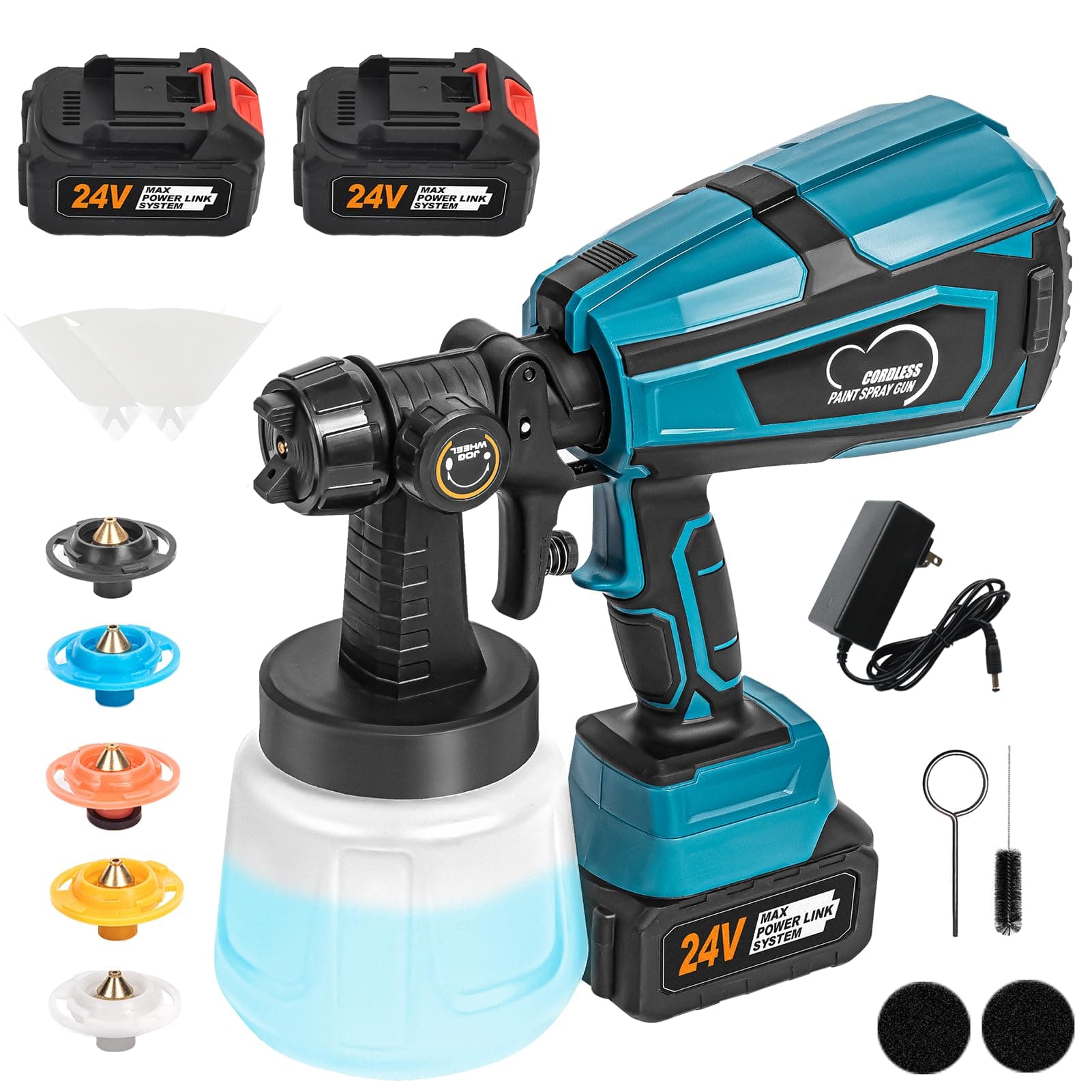 Cordless HVLP Paint Sprayer, 2000mAh Batteries, 6 Nozzles, Easy Clean, for Furniture & More (2 Battery)