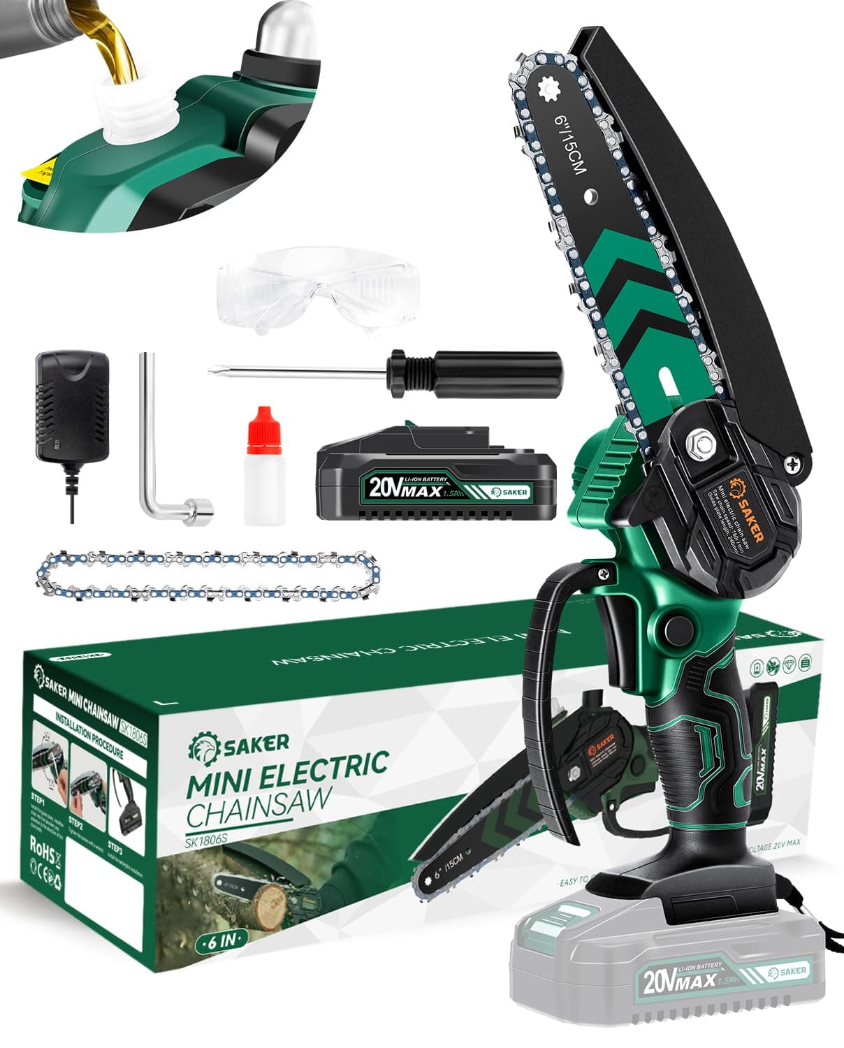2025 Upgraded Saker Mini Cordless Electric Chainsaw | 6" Portable Tree TrimmerBattery Included+2 Chains