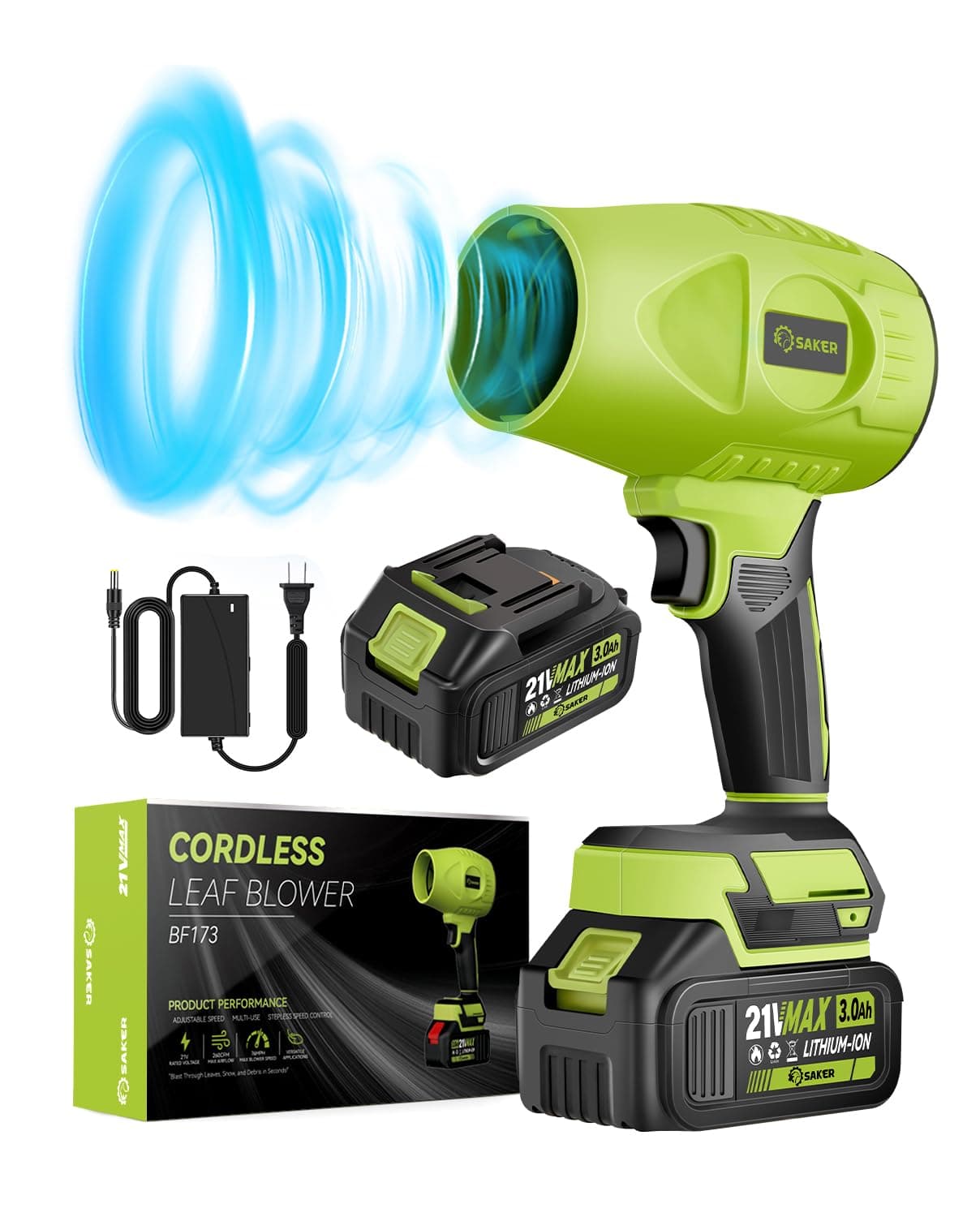 Saker Cordless Leaf Blower 180000 RPM Turbo Jet for Patio & Camping Green