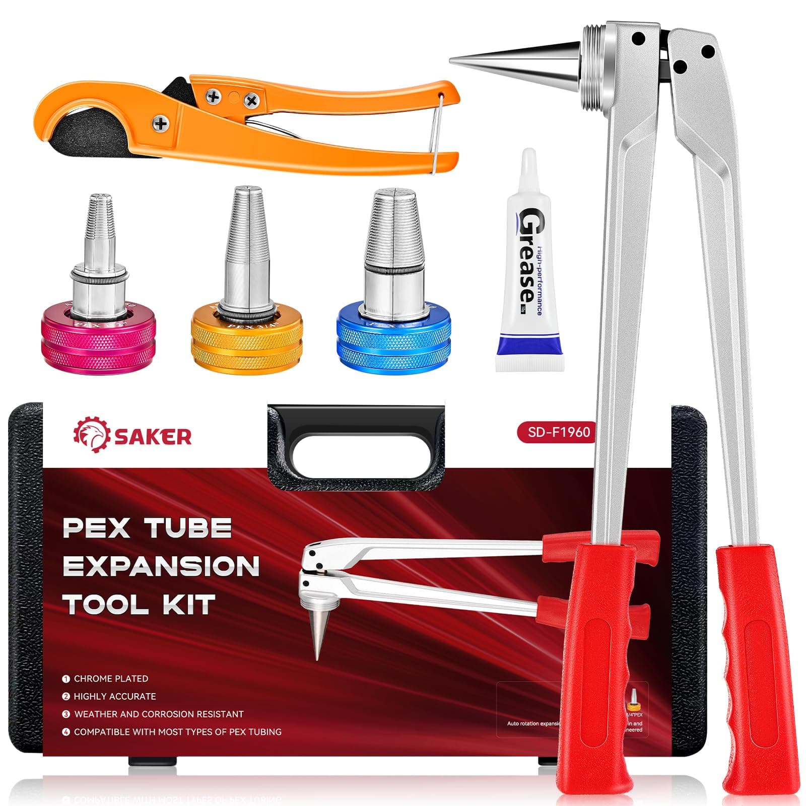Saker SD-F1960 PEX-A Expansion Tool Kit | Manual 1/2" to 1" Expansion Heads