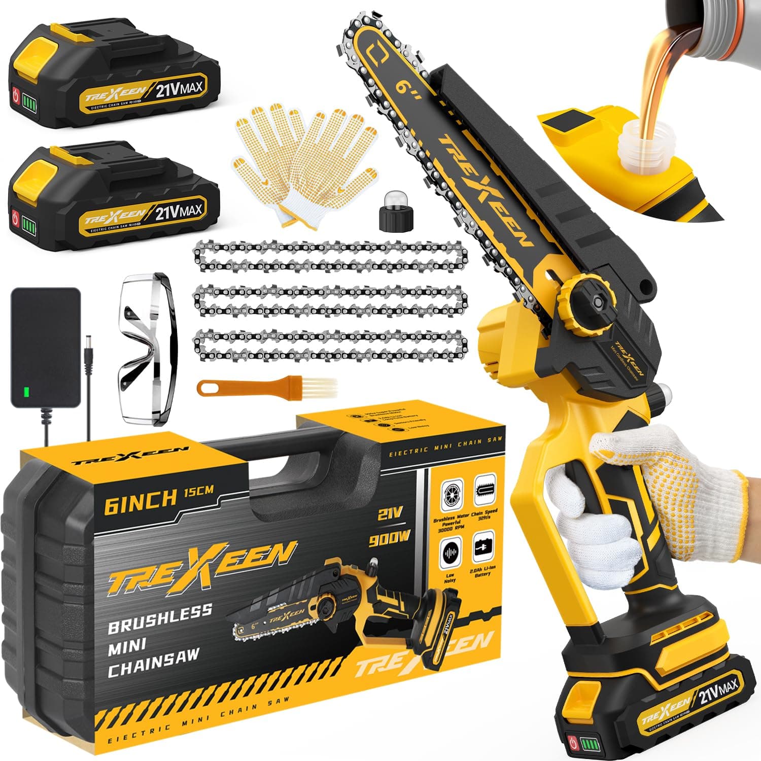 Upgrade 900W Cordless 6-Inch Mini Chainsaw with Auto Oiler for Wood Cutting