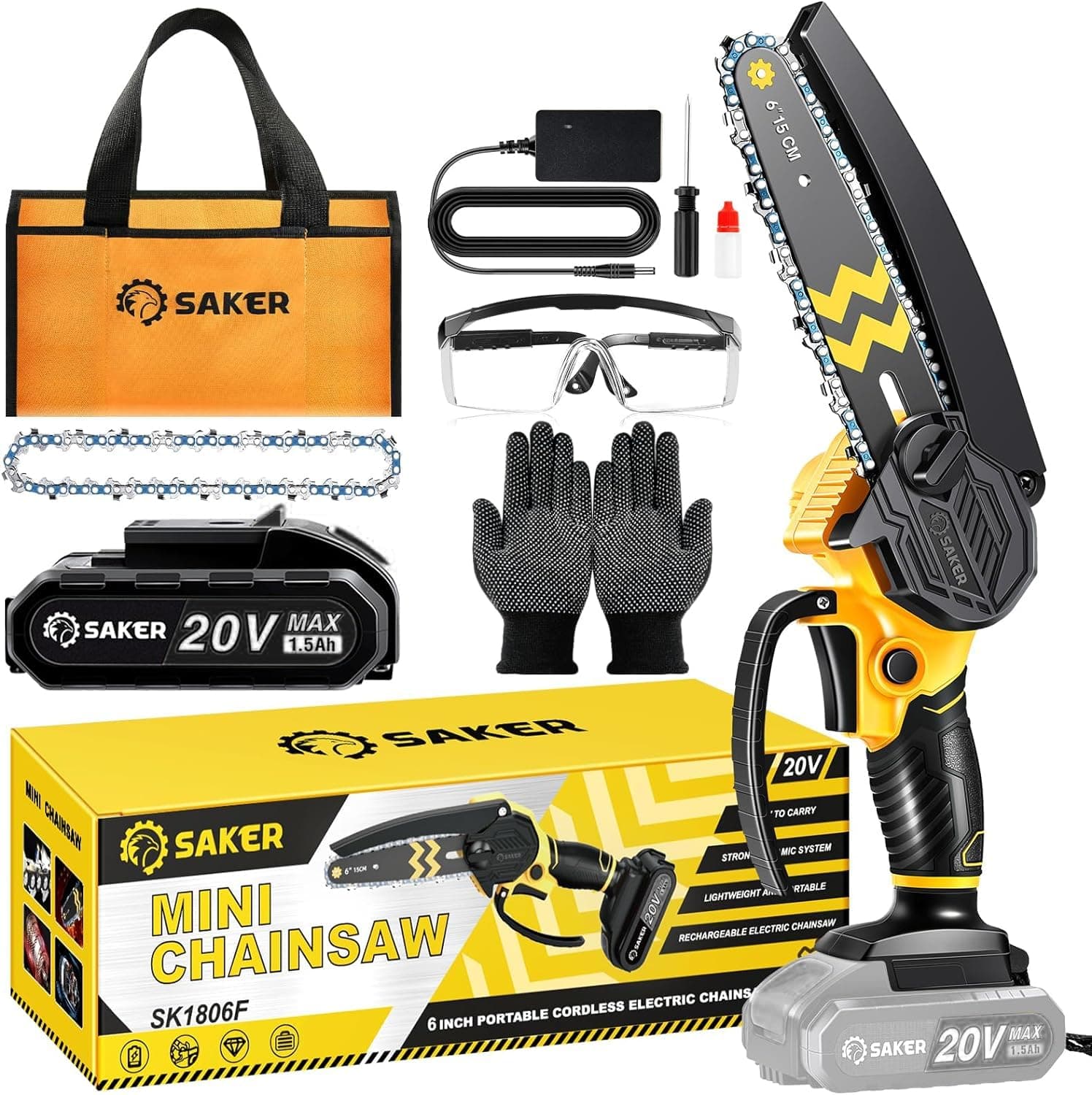 Cordless Saker Mini Chainsaw with 6-Inch Switch Security Lock
| Saker Mini Chainsaw for Wood Cutting and Trimming
| Cordless Handheld Saker Mini Chain Saw with Security Lock