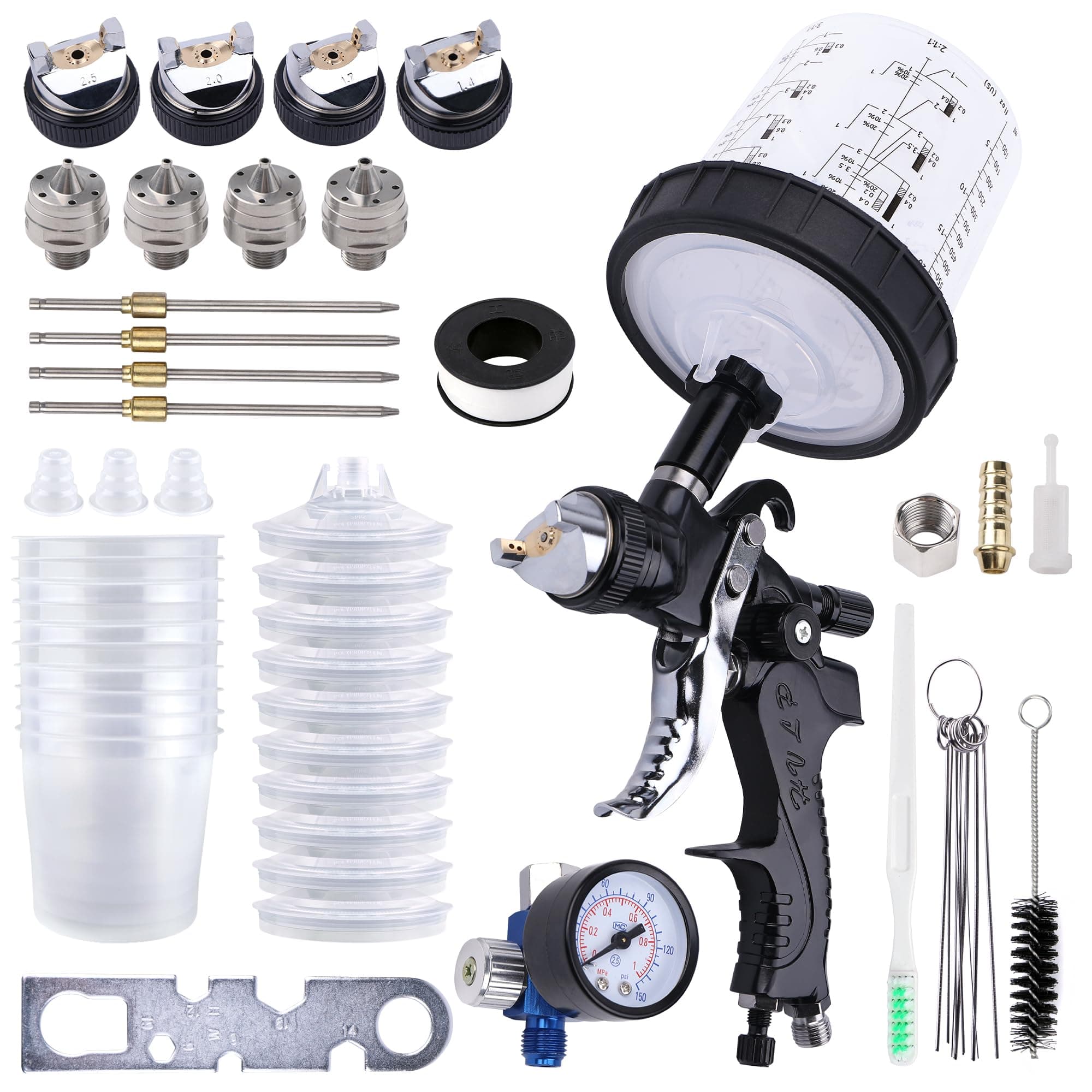 Automotive Gravity Feed Paint Spray Gun Kit with Air Compressor Regulator (Black)
