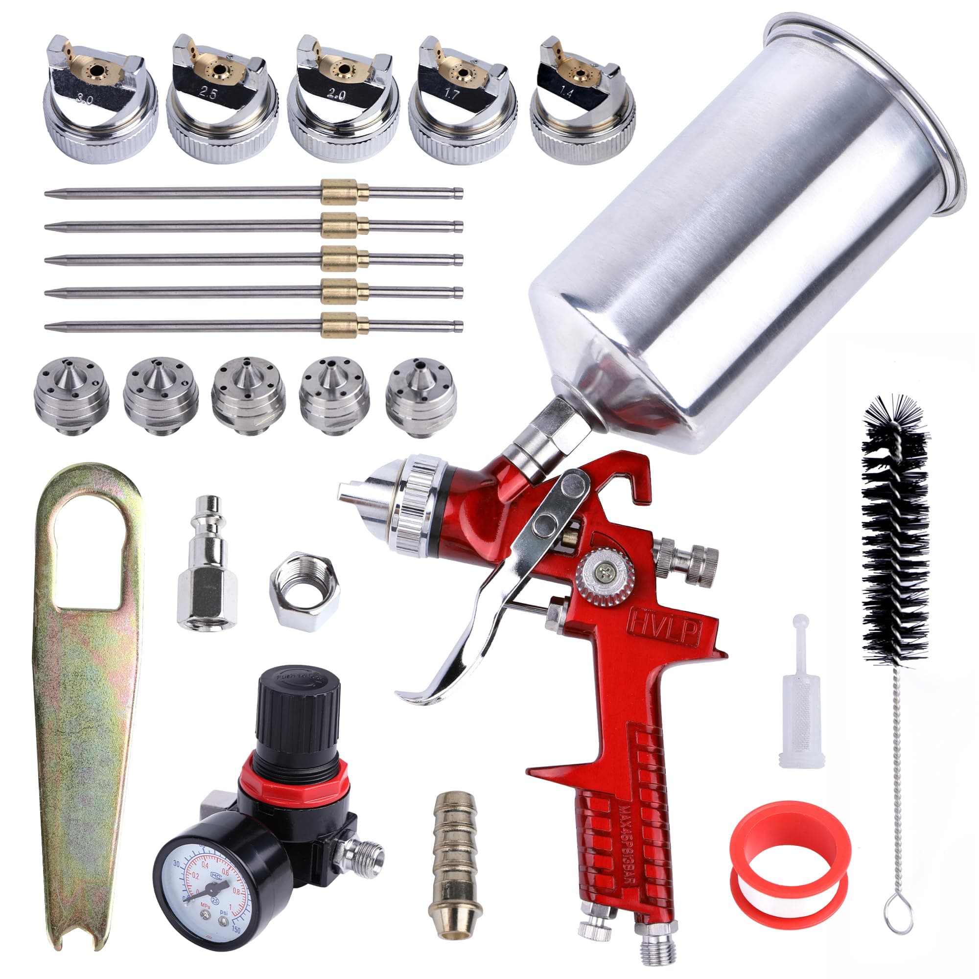 Automotive Gravity Feed Paint Gun Kit, 5 Nozzles 1.4mm-3.0mm, 1000cc Aluminum Cup