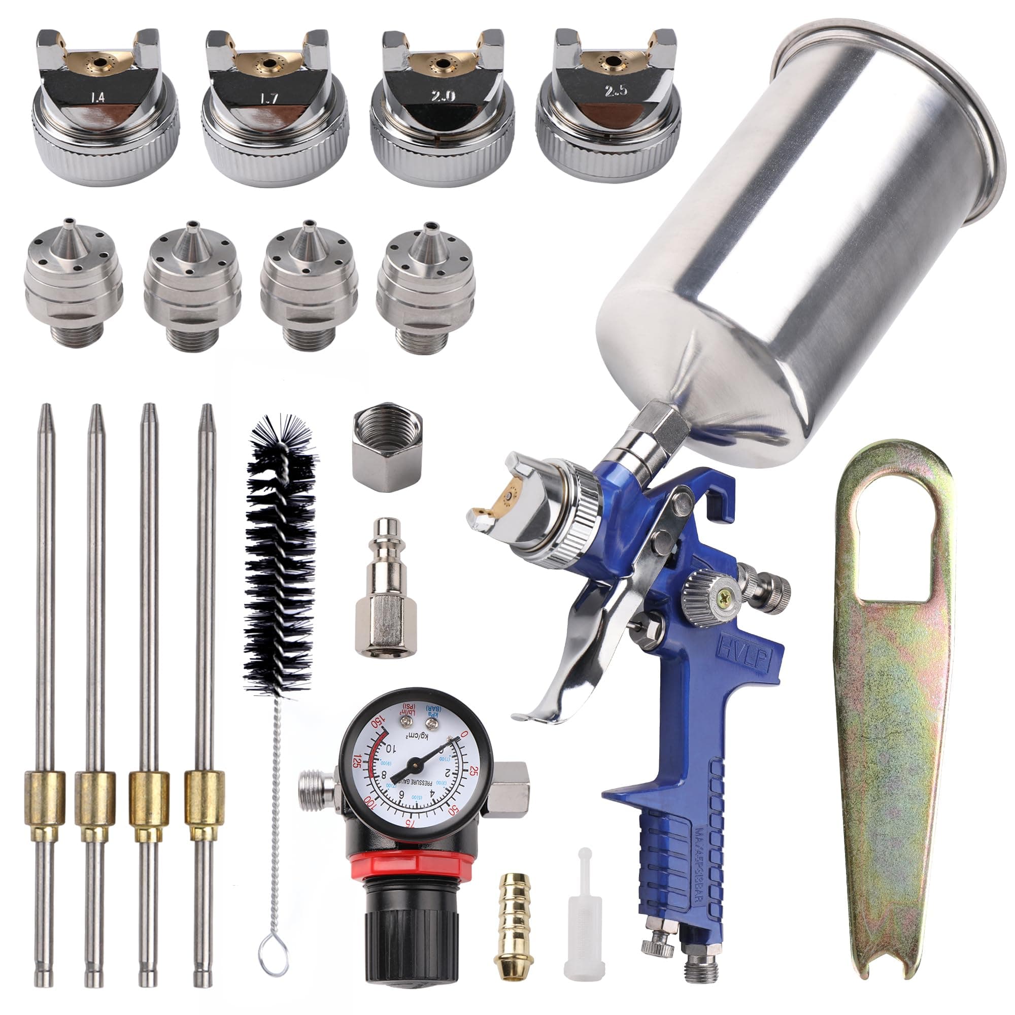 HVLP Gravity Feed Spray Gun Kit, 4 Nozzles 1.4mm-2.5mm, 1000cc Aluminum Cup, Auto Paint Base Coat & Touch Up