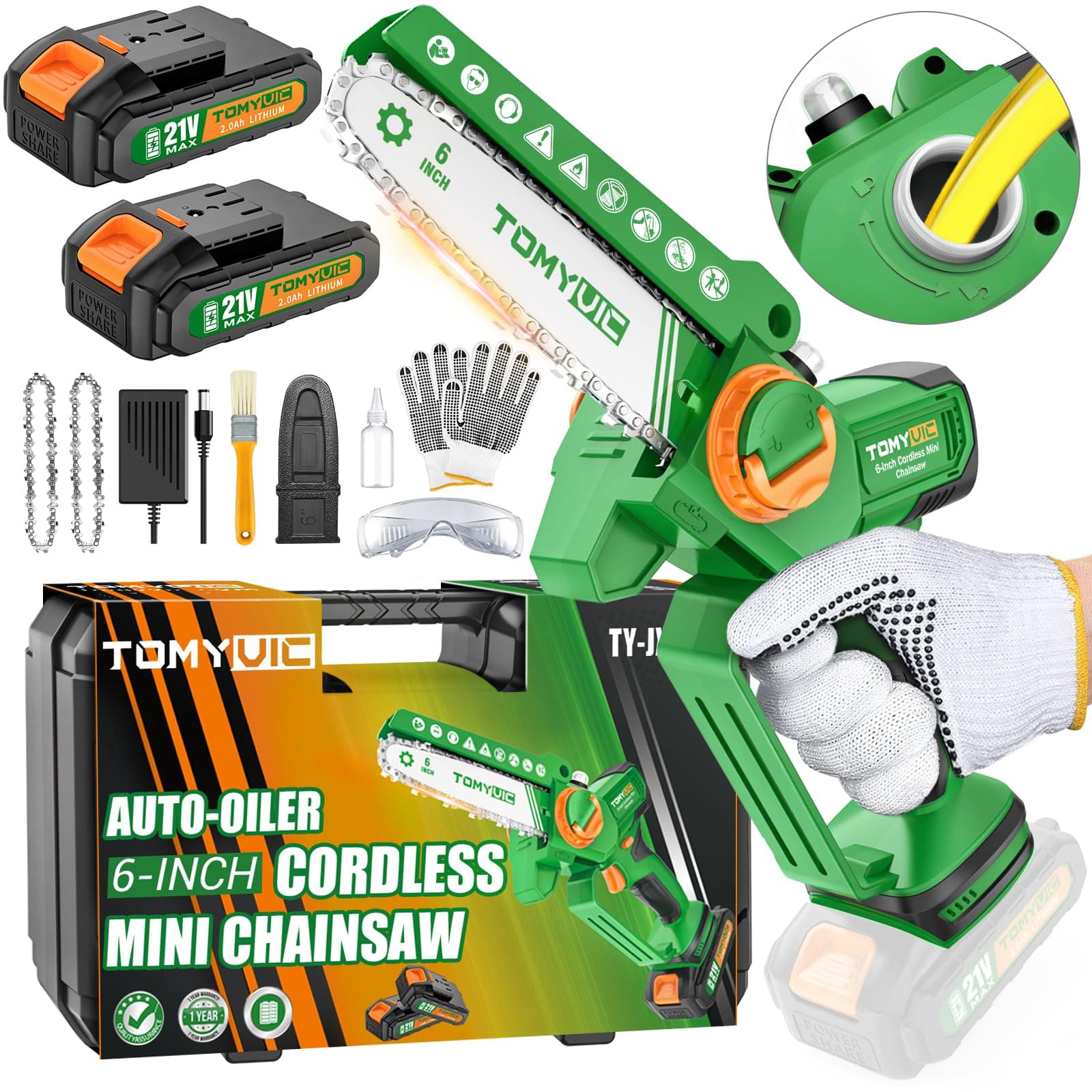Mini Chainsaw for Family Use: 6 Inch Brushless Battery Chainsaw w/Auto-Oiler & Tool-Free Tensioner - Easy Operation for Women - Best Backyard Tool