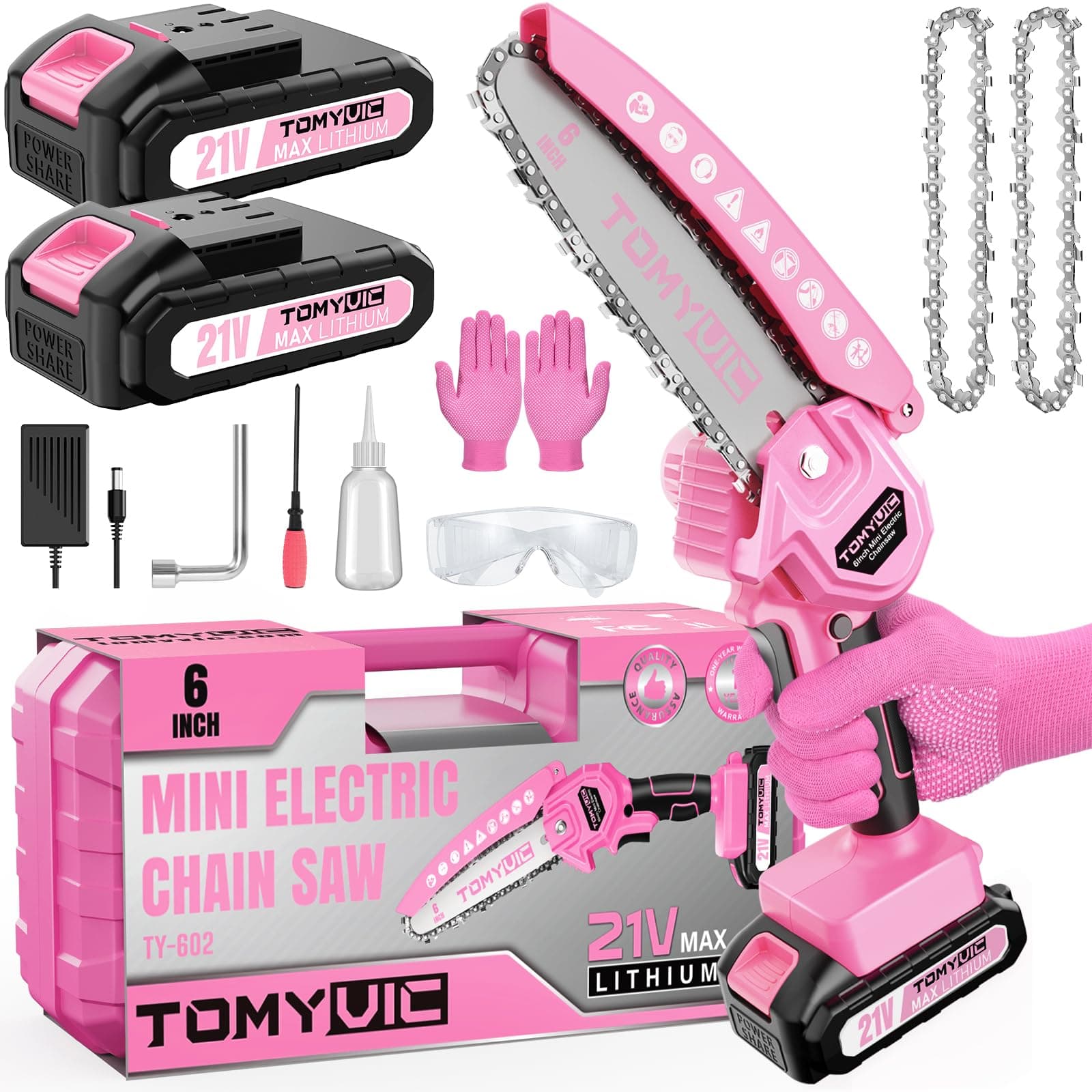 6-Inch Pink Cordless Mini Chainsaw - 21V Battery Operated for Tree Trimming
