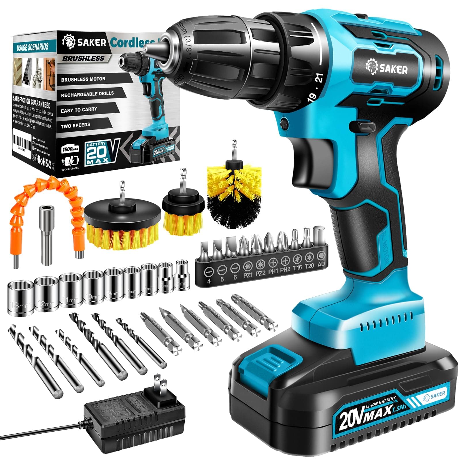 Saker 20V Brushless Cordless Drill Set with 430 In-lbs Torque