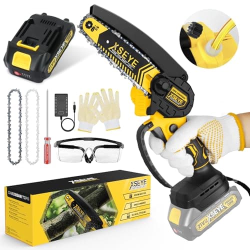 XSEYE Mini 6 Inch Cordless Chainsaw, 21V Battery & Charger, Wood Cutting Gardening Tool